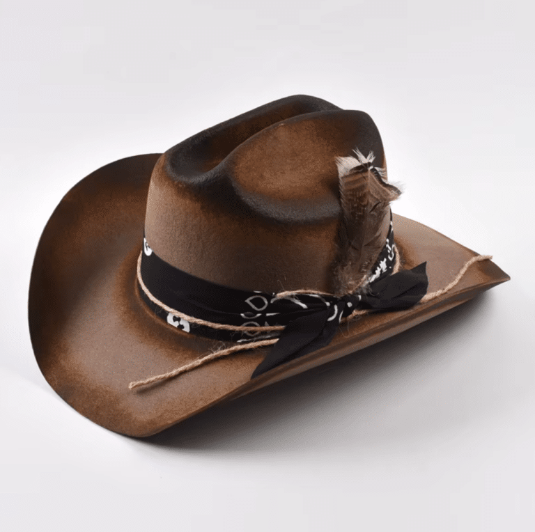 Chapeau cowboy marron personnalisé en laine naturelle fait main (3)