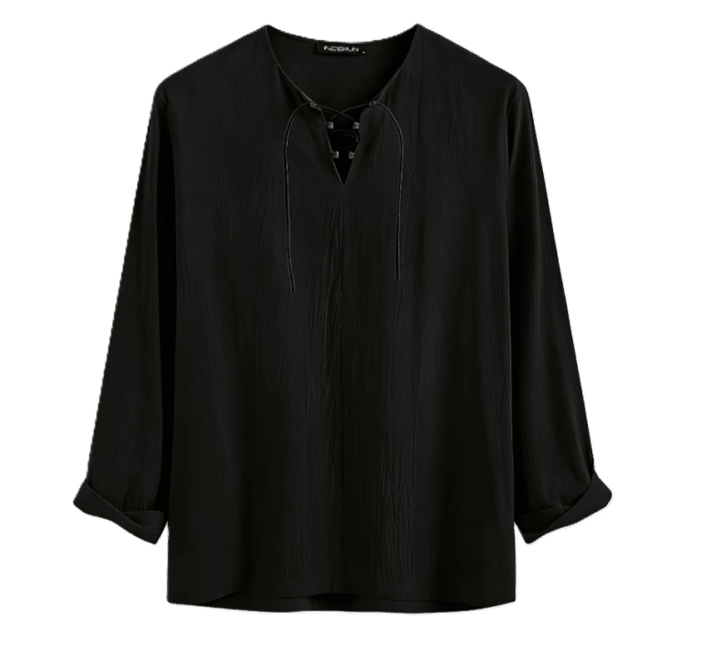 Chemise noir vintage légère coton lin à lacets (2)