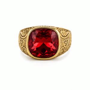 Chevalière homme dorée avec pierre rouge