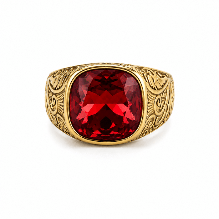 Chevalière homme dorée avec pierre rouge (1)