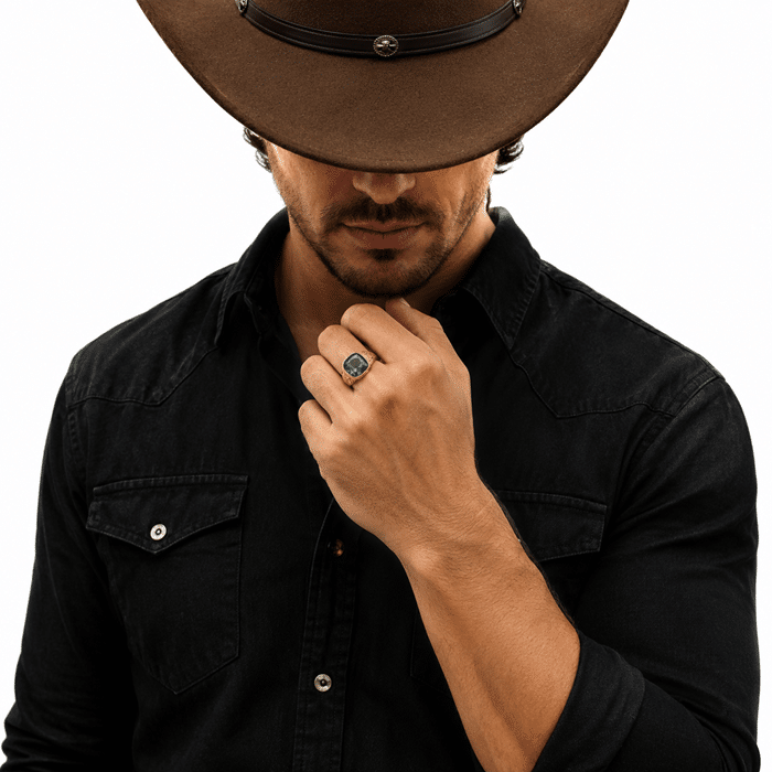 Chevalière homme dorée avec pierre verte style western (3)