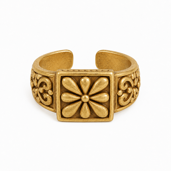 Chevalière vintage femme plaqué or motif floral (1)