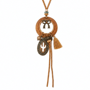 Collier bohème festival à pendentif cactus et pompon camel