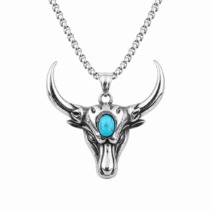 Collier cowboy argenté taureau turquoise acier inoxydable