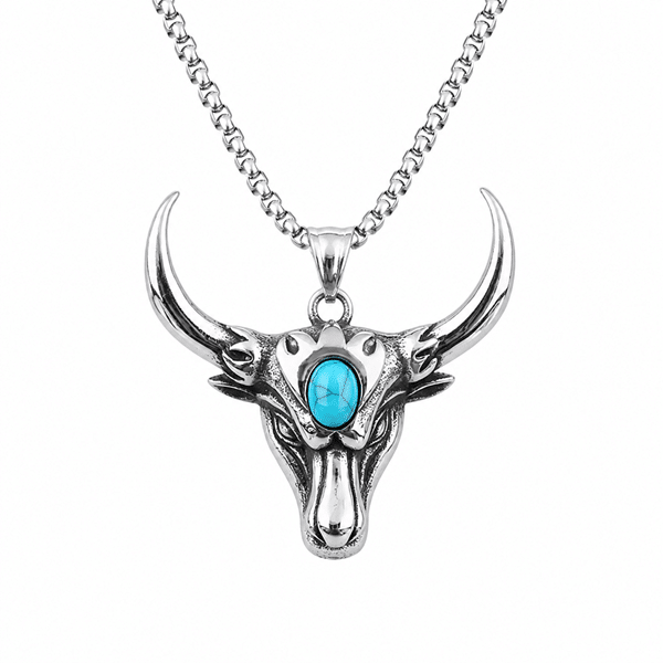 Collier cowboy argenté taureau turquoise acier inoxydable (1)