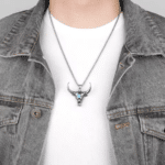 Collier cowboy argenté taureau turquoise acier inoxydable (2)