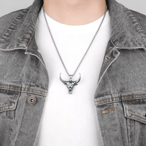 Collier cowboy argenté taureau turquoise acier inoxydable (2)