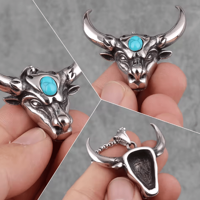 Collier cowboy argenté taureau turquoise acier inoxydable (3)