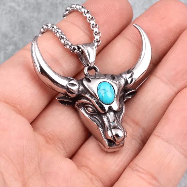 Collier cowboy argenté taureau turquoise acier inoxydable (4)