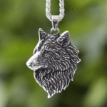 Collier cowboy argenté tete loup acier inoxydable (1)