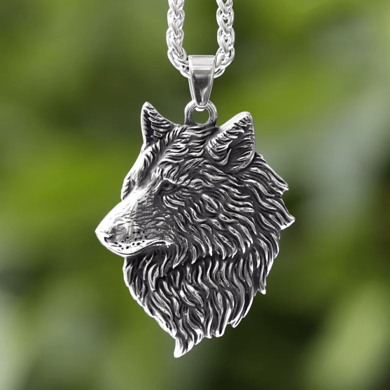 Collier cowboy argenté tete loup acier inoxydable (1)