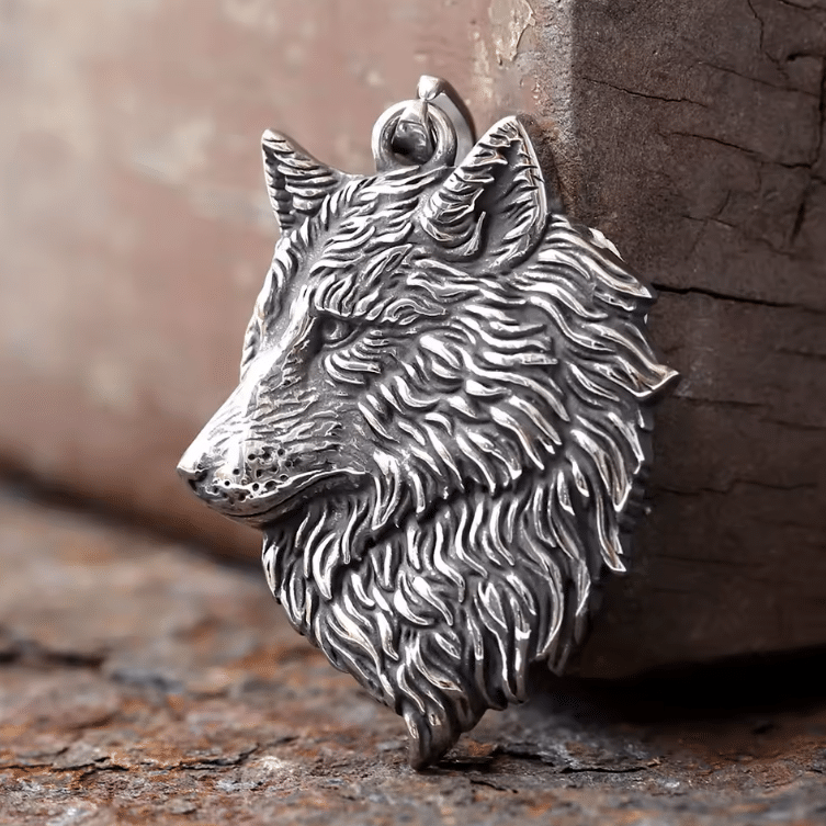 Collier cowboy argenté tete loup acier inoxydable (3)