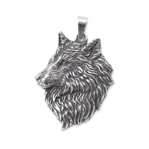 Collier cowboy argenté tete loup acier inoxydable