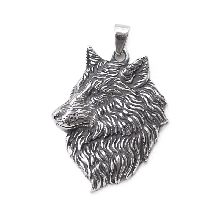 Collier cowboy argenté tete loup acier inoxydable (4)