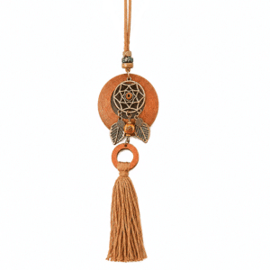 Collier sautoir attrape rêves feuilles pompon camel