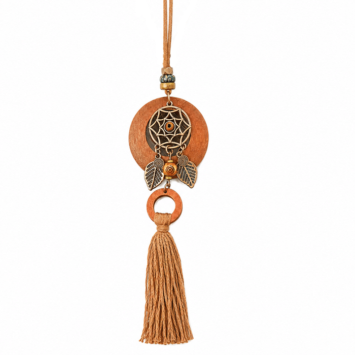 Collier sautoir attrape rêves feuilles pompon camel (2)