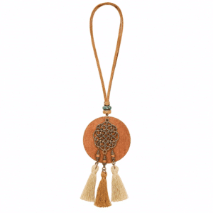 Collier sautoir bohème médaillon floral trois pompons