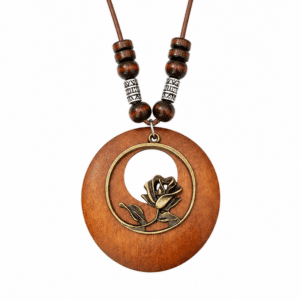 Collier western pendentif rond bois rose bronze