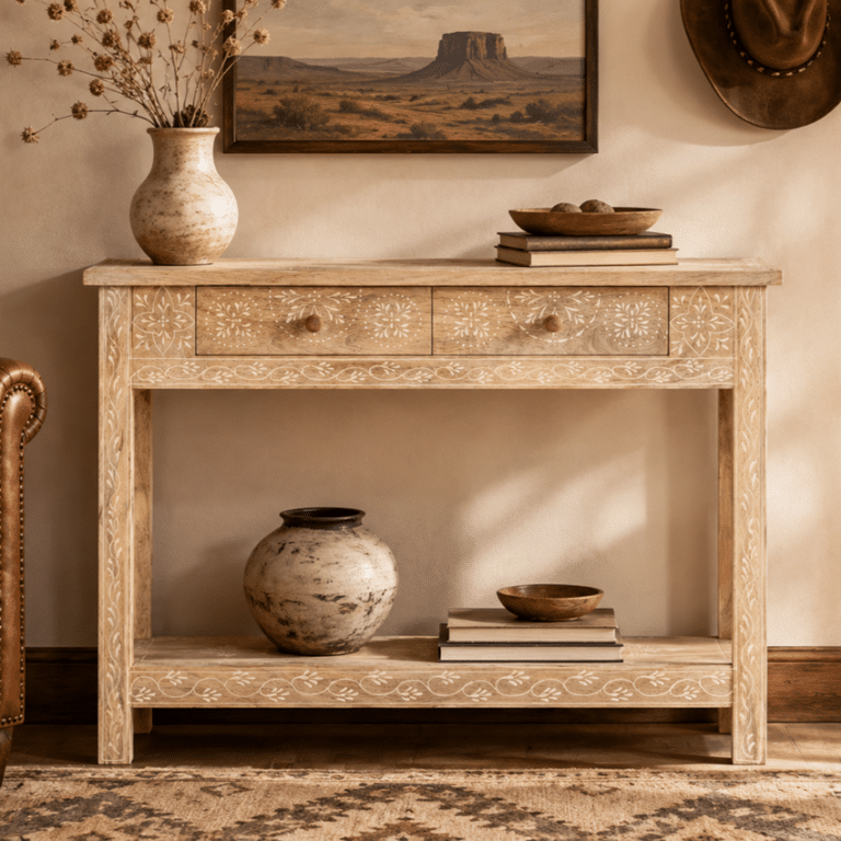 Console en bois massif western à tiroirs style prairie vintage (9)