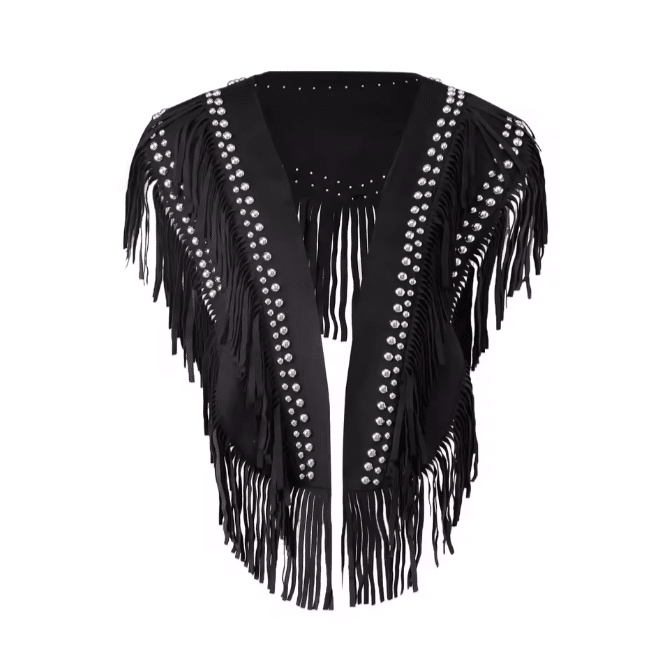 Gilet à frange femme rivets argentés (2)