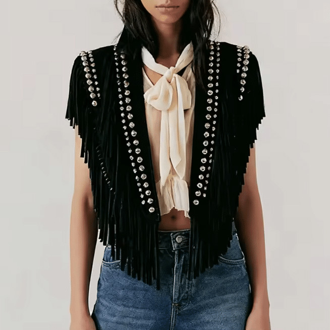Gilet à frange femme rivets argentés (3)