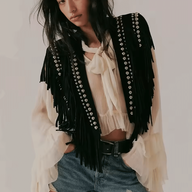 Gilet à frange femme rivets argentés (5)