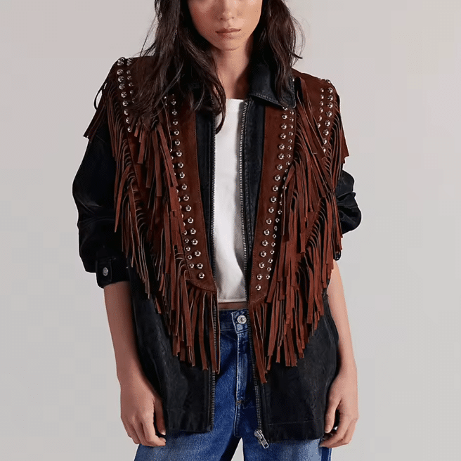 Gilet à frange femme rivets argentés (6)
