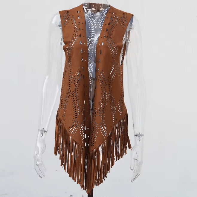 Gilet à franges ajouré aspect daim western (5)