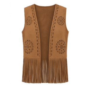 Gilet à franges camel motifs ajourés western daim végan