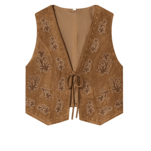 Gilet cowboy femme sans manches marron broderies florales