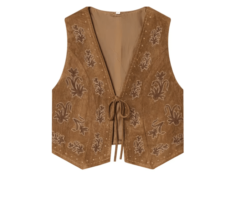Gilet cowboy femme sans manches marron broderies florales (1)