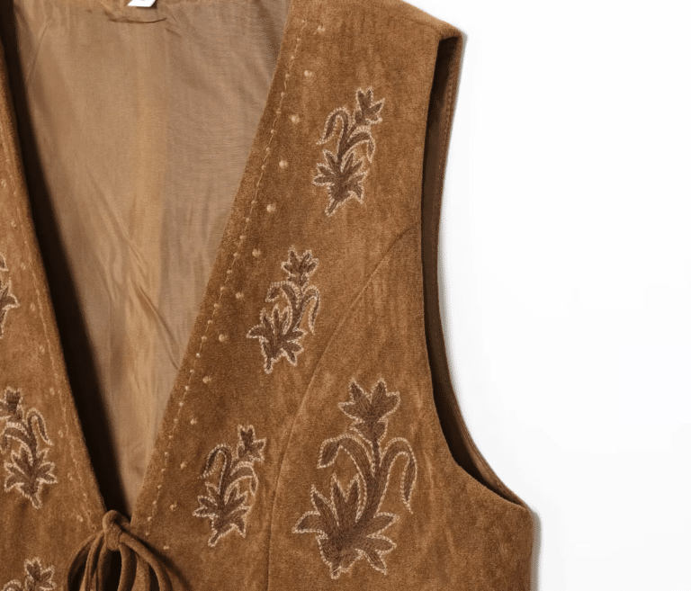 Gilet cowboy femme sans manches marron broderies florales (3)