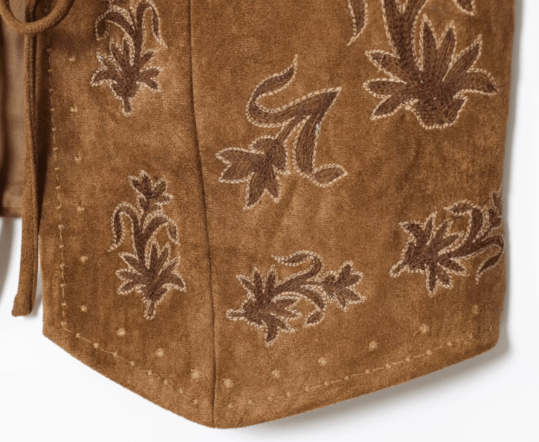 Gilet cowboy femme sans manches marron broderies florales (4)