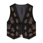 Gilet cowboy femme sans manches marron broderies florales (6)