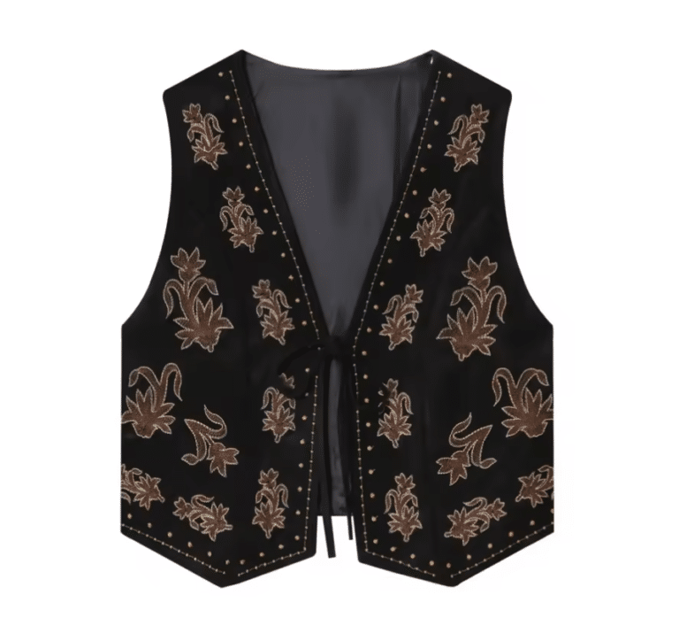 Gilet cowboy femme sans manches marron broderies florales (6)