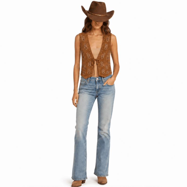 Gilet cowboy femme sans manches marron broderies florales (7)