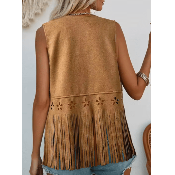 Gilet sans manches country femme camel à découpes florales (3)