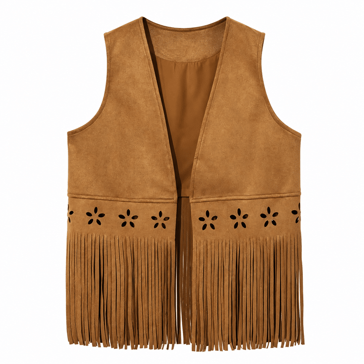 Gilet sans manches country femme camel à découpes florales (4)