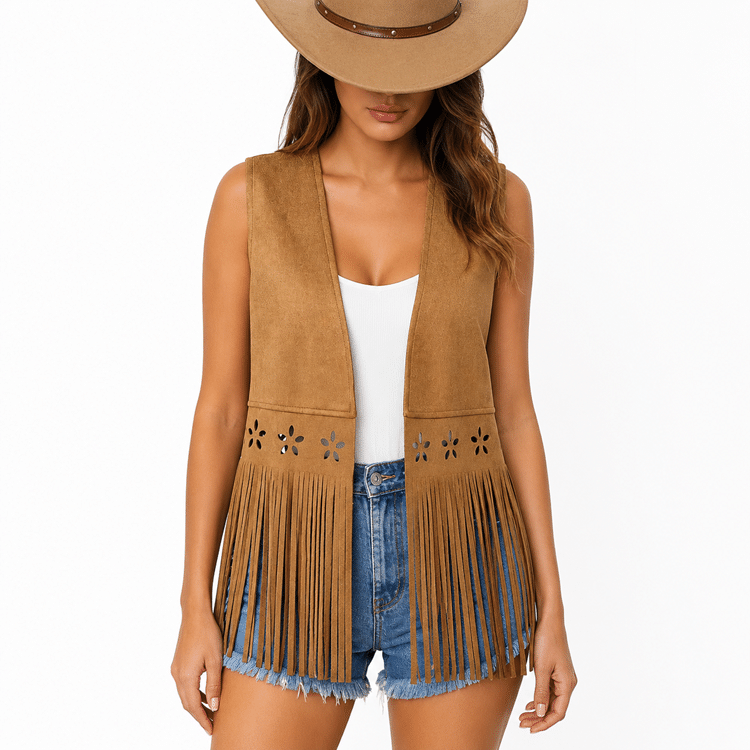 Gilet sans manches country femme camel à découpes florales (5)