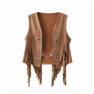 Gilet western femme camel à franges et broderies aspect daim