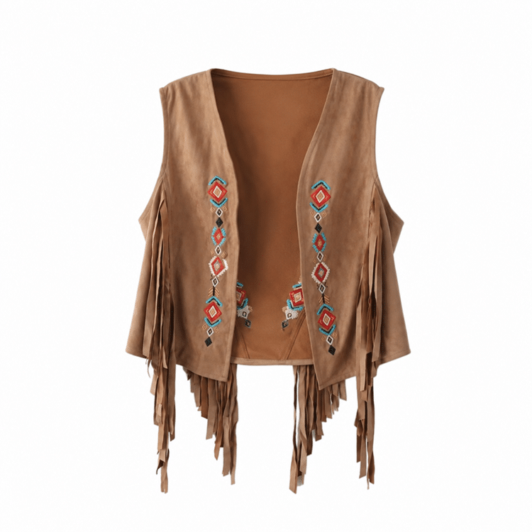 Gilet western femme camel à franges et broderies aspect daim (1)