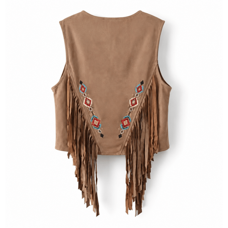 Gilet western femme camel à franges et broderies aspect daim (2)