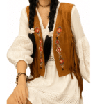 Gilet western femme camel à franges et broderies aspect daim (3)