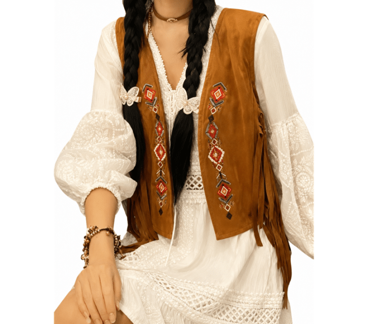 Gilet western femme camel à franges et broderies aspect daim (3)
