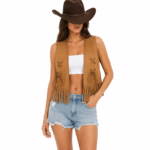 Gilet western femme camel aspect daim à franges et lacets (1)