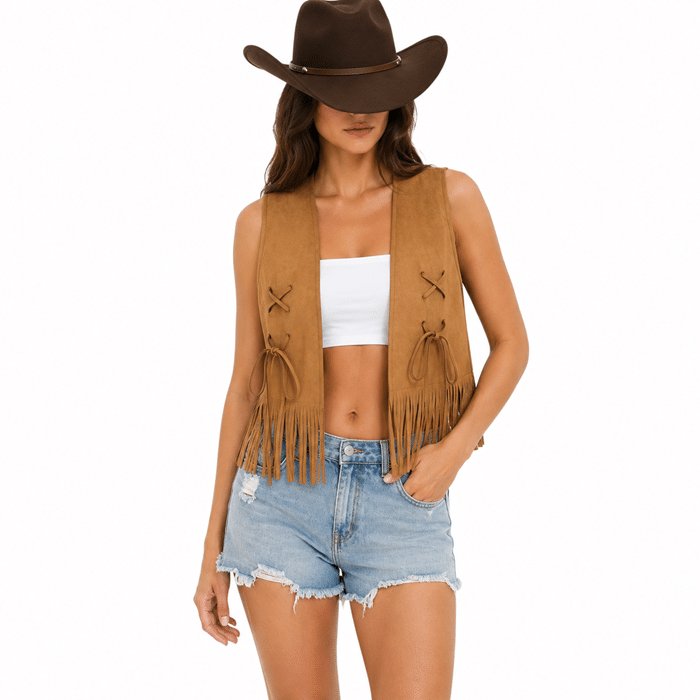 Gilet western femme camel aspect daim à franges et lacets (1)