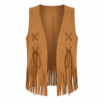 Gilet western femme camel aspect daim à franges et lacets (6)