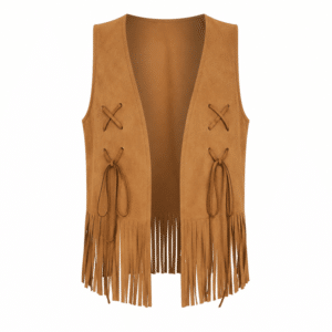 Gilet western femme camel aspect daim à franges et lacets