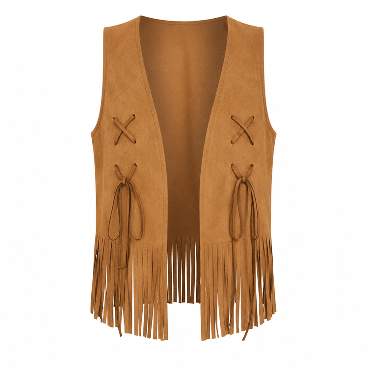 Gilet western femme camel aspect daim à franges et lacets (6)