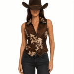 Gilet western femme marron motif vache col tailleur (4)